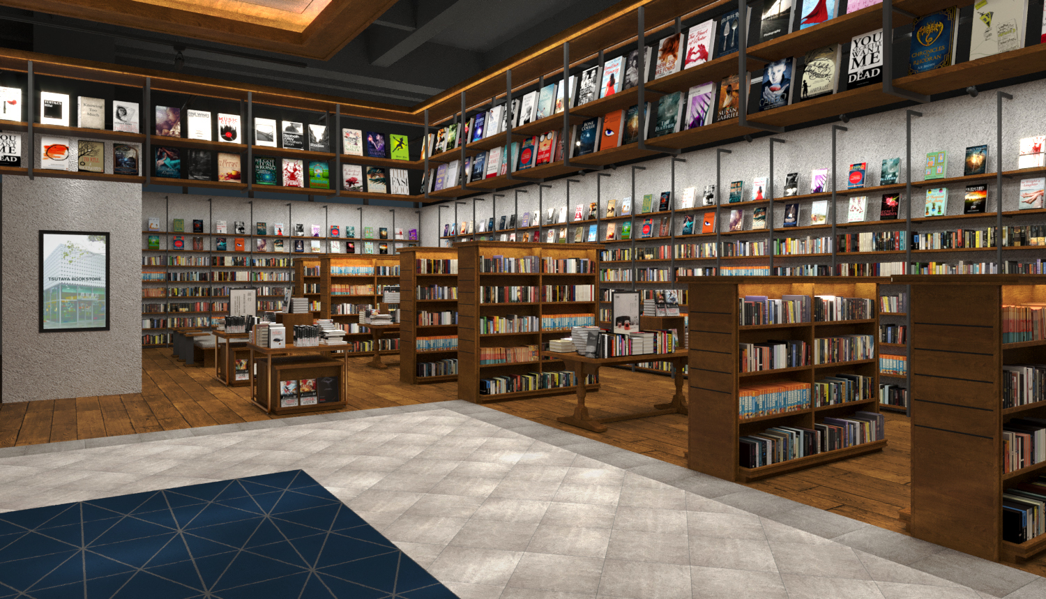 3D schematic of the book area at TSUTAYA BOOKSTORE Songshan